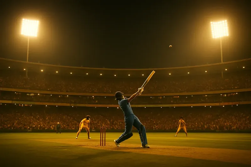 Indian cricket stadium at night, floodlights blazing, batsman hitting a six