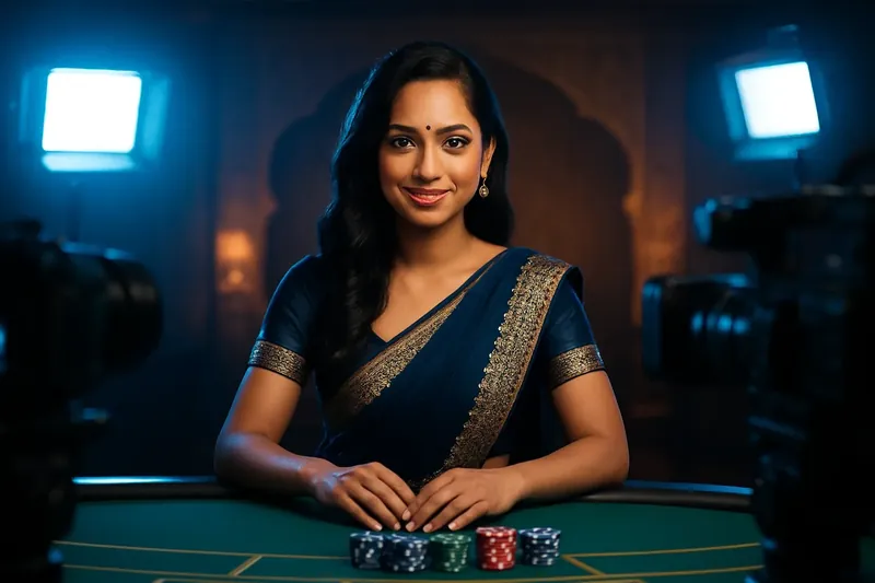 Indian live casino dealer at green felt table with studio lighting