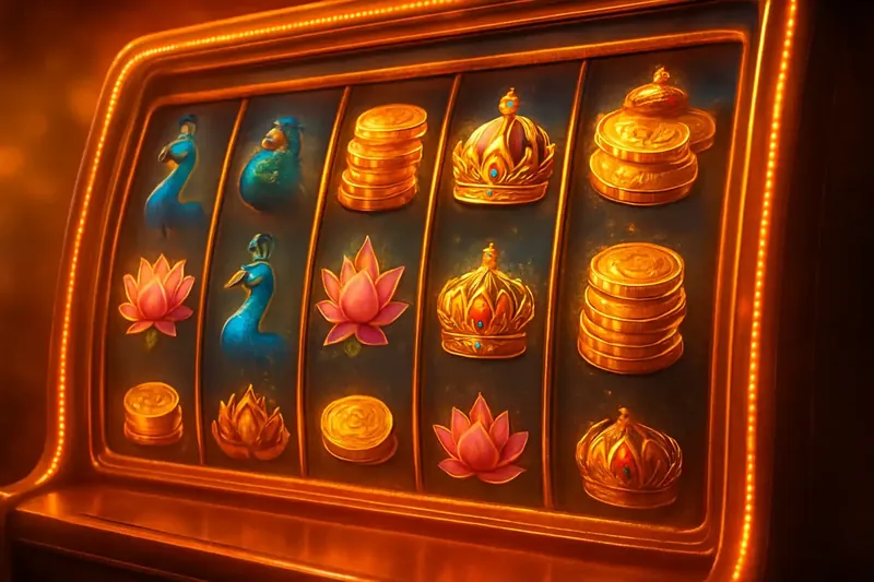 Vibrant online slot machine with peacocks, lotus flowers, coins, and crown