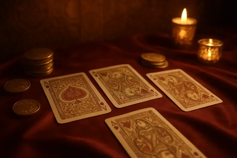 Ornate Indian playing cards with gold chips on silk table